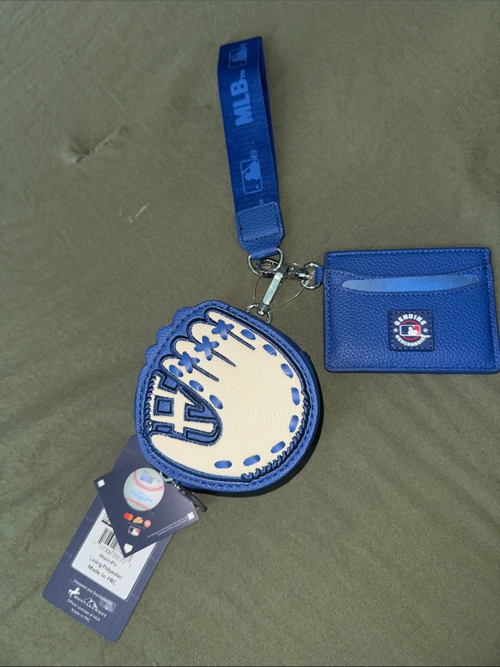 MLB Blue and White LA Baseball Glove Coin Pouch with Card Sleeve and Wrist Strap